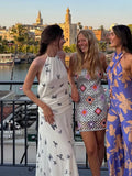 Bonnyshow  Floral Print Backless Lace-up Halter Dress Women Elegant Off Shoulder Sleeveless Pleated Long Dresses Summer New Party Club Robe