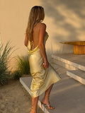 Bonnyshow  Sexy Backless Off Shoulder Lace-up Yellow Satin Dress Women Fashion Sleeveless Bodycon Midi Dresses Summer New Beach Party Robe