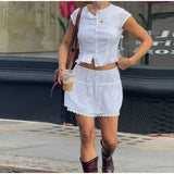 Bonnyshow  Chic Lace O-neck Shirt Pleated Skirt Set Lady Elegant White Slim Button Shirts High Waist Skirts Woman's Sets Retro Streetwear