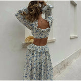 Bonnyshow  Printed Flare Sleeve Women 's Pant Set Square Collar Bandage Lace Up Crop Top High Waist Jogger Pants Female Sets Lady Outfits