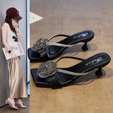 Bonnyshow  Summer New Slippers Women Shoes  Lady Fashion Square Head Water Diamond Rose Flower Thin High Heel Sandals Zapatos De Mujer