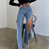 Bonnyshow Double Side High Slit Denim Trousers Spring and Summer Street Trendy Sexy Open Leg Pants Female Y2k Jeans