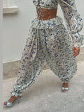 Bonnyshow  Printed Flare Sleeve Women 's Pant Set Square Collar Bandage Lace Up Crop Top High Waist Jogger Pants Female Sets Lady Outfits