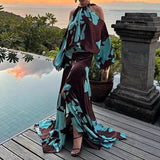 Bonnyshow  Printed Patchwork Halter Dress off-Shoulder Lantern Sleeve Flowy Slit 2025 Summer Maxi Romantic Robe Women Holiday Lady Vestido