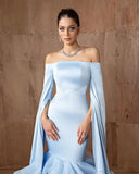 Bonnyshow Elegant Light Blue Mermaid Evening Dresses With Volume Ruched Organza Bottim Boat Neckline Long Sleeves Prom Gowns