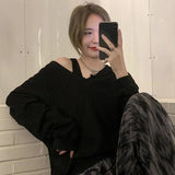 Bonnyshow  Lazy Style Long Sleeve Loose Tops Women Korean Off Shoulder Sweatshirts + Thin Solid Vest Woman Sexy V-Neck All-Match Pullovers