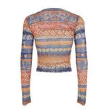 Bonnyshow  All-print Mesh Cropped Top Autumn Vintage Applique Tie-up V-neck T-shirt Long Sleeve Boho Aesthetic Streetwear Sexy