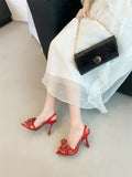 Bonnyshow  New Design Crystal Flower Pointed Toe Slingbacks Women Pumps Elegant Thin High Heels Banquet Wedding Shoes