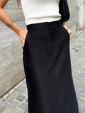 Bonnyshow New Women's Fashionable Vintage Elastic Waist Buttons Skirts Summer Female Casual Cotton Black Stylish Split Long Skirts