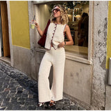 Bonnyshow  Casual Pants Set Women Contrast Knitted Vest 2piece Set Round Neck Sleeveless Waistcoat Cardigan High-waisted Trousers Summer