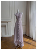 Bonnyshow  Womens Elegant Purple Halter Neck Maxi Dress Ruffled Neckline Ruched Waist Floral Detail Formal Evening Party