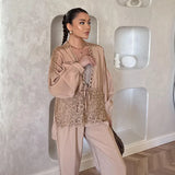 Bonnyshow  Casual Deep V-neck Shirt Long Pant Set Women Fashion Solid Flowers Lace Up Shirts Straight Pants Sets Lady 2025 Chic Streetwear