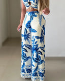 Bonnyshow  Spring 2 Pieces Outfit Floral Print Halter Sleeveless Lace Up Crop Tank and Casual Wide Leg Pants Set
