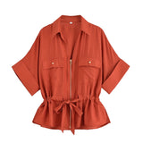 Bonnyshow  Women Adjustable Drawstring Waist Safari Shirt Short Sleeve Lapel Collar With   Pockets Loose Blouse Streetwear Lady Shirts