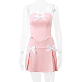 Bonnyshow  Style Kawaii Bow 2 Piece Set Strapless Tube Tops + Mini Pleated Skirt Sexy Backless Tie Up Crop Tops Women Y2K Outfits