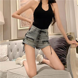 Bonnyshow Summer Bandage Sexy Denim Shorts Blue Women Streetwear Jeans Mini High Waist Slim Lace Up Casual Zipper Goth Club Fashion