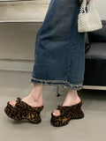 Bonnyshow  Sexy Leopard Print Butterfl-Knot Platform Wedges Women's Slippers Street Style Summer High Heels Banquet Shoes