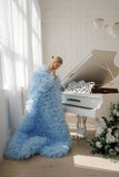 Bonnyshow Amazing Light Blue Layered Tulle Long Jacekt Puff Sleeves Ruffles Trimmed Women Jacket Maxi Gowns Bridal Cape Outwear Coat