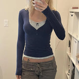 Bonnyshow Patchwork Sexy Women Tees Solid Autumn Streetwear V-Neck Long Sleeves Bodycon Crop Top Fashion Casual Slim Basic T-shirt Female