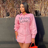 Bonnyshow Casual Solid Letter Print Long Sleeve Shirt Dress Pink Front Button Tight Waist Ruched One Piece Women Social Mini Dresses