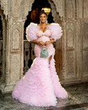 Bonnyshow Aso Ebi Stylished Sparkle Sequined Pink Long Mermaid Evening Dresses With Big Volume Ruffles Tulle Bottom African Evening Gowns