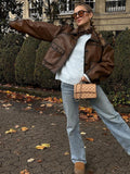 Bonnyshow Brown Leather Women's Jacket Casual Vintage Short Jackets Autumn Winter Retro Women Coat Loose Lapel Ladies Coats Outerwear