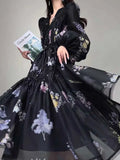 Bonnyshow  High Quality Fashion Vintage Women Spring Autumn Print Wer V Neck Lantern Sleeve Boho Casual Party Holiday Dresses