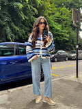 Bonnyshow  Fashion Women's Colour Matching Cardigan Button O-Neck Long Sleeve Lady Top 2025 Summer Autumn Casual Female Street Outwear