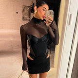 Bonnyshow Black Mesh Patchwork Mini Dress for Women Sexy Hollow Out Bodycon Dresses Fashion Long Sleeve Turtleneck Club Party Dress