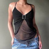 Bonnyshow  Vintage Mesh Patchwork Metal Buckle Camisole Women Y2k Sleeveless V-neck Tank Top Summer Sexy Outfits Casual Clothing