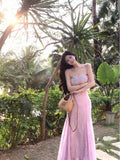 Bonnyshow  Women's Purple/Apricot Casual Flower Long Dress Sleeveless French Elegant Aesthetic 2000s Party A-line Dress Clothing 2025
