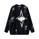 Bonnyshow American Style Retro Destructive Style Four Pointed Star Round Neck Sweater Men and Women Fashion Trend Handsome Couple Knitwear