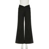 Bonnyshow  Fashion Black V Waistband Woven Pants Women's Low-Waist Casual Loose Trousers Streetwear Wide-legged Pants 2025 Clothes