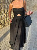 Bonnyshow  Fashion Black Hollow Out High Waist Long Dress Women Sleeveless Backless Slim Vestidos Summer New Vocation Street Party Dresses