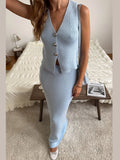 Bonnyshow  Elegant Knitted Tank Top Skirts Sets Women Sleeveless Single Breasted Vest Tops Midi Skirt Suits 2025 Summer Commute 2 Pieces