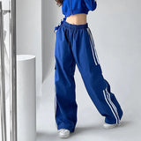 Bonnyshow Striped Sweatpants Women Hip Hop Streetwear Baggy Wide Leg Cargo Pants Bf Y2K High Waist Drawstring Joggers Trousers