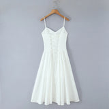 Bonnyshow  Sexy Spaghetti Straps Elegant White Dress Women Lace Up Bandage Back V Neck A-line Evening Party Dresses Midi Robe