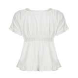 Bonnyshow  Fashion Solid Slim Lace Trim Bow Women Chic T-Shirts Ruffly Causal Simple Summer Trendy Sweet Cute Blouses