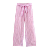 Bonnyshow  Women's Versatile Collar Striped Shirt with Belt Casual Pants Spring New Style Three Piece Set