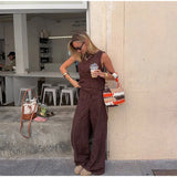 Bonnyshow  Summer Women Casual Vest Set Sleeveless Round Neck Loose Top Brown Jacquard Wide Leg Pant Streetwear Outfit Lady Daily Wear