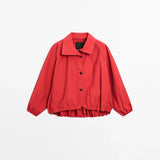 Bonnyshow  Vintage Red Women's Bomber Jacket Loose Stand Collar Full Sleeve Zipper Female Jackets 2025 Autumn Winter Fashion Streetwears