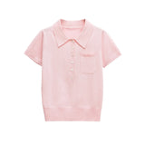 Bonnyshow  Pocket Solid Knitted T-shirt Women Buttons Turndown Collar Short Sleeve Tee Shirts Summer Simple Casual Fashion Tops T-shirts