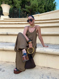 Bonnyshow  Casual Solid Slip Jumpsuit Women Vintage Brown Pleated Loose Wide Leg Jumpsuits Female 2025 Fashion Summer Street Lady Pants