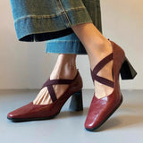 Bonnyshow  Retro Simple Cross Elastic High-heels Women Shoes Temperament Versatile Pumps Shoes Solid Color Square Head Women Shoes