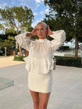 Bonnyshow  Women's Ruffled Long Sleeve Tops Elegant Round Collar Loose Blouse Decorative Layered Shirts Summer Beach Party Street Wear
