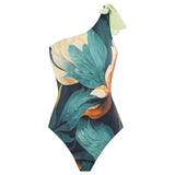 Bonnyshow  Sexy One Shoulder Bikini Set for Women, Green Vintage Print Swimsuit, Skirt Brazilian Biquini, Bath Suit Dress, New