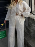 Bonnyshow  Embroidery Hollow Women 's Pant Suit Laple Single Breasted Full Sleeve Shirts Wide Leg Pants Female 2 Pieces Summer Matching Set