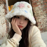 Bonnyshow Cute Star Plush Bucket Hat  Women Winter Warm Thicken Female Fisherman Cap Y2K Sweet Girls Ear Protection Hats