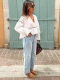 Bonnyshow  Women Hollow Out V-neck Bandage Shirt High Street Casual Ladies Irregular Diagonal Collar Solid Loose Short Blouses 2025 Summer