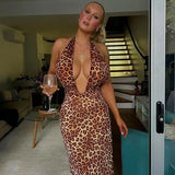 Bonnyshow Leopard Maxi Beach Dress Women Sexy Halter Backless Slim Evening Party Dresses Fashion Sleeveless Deep V-neck Holiday Outfits